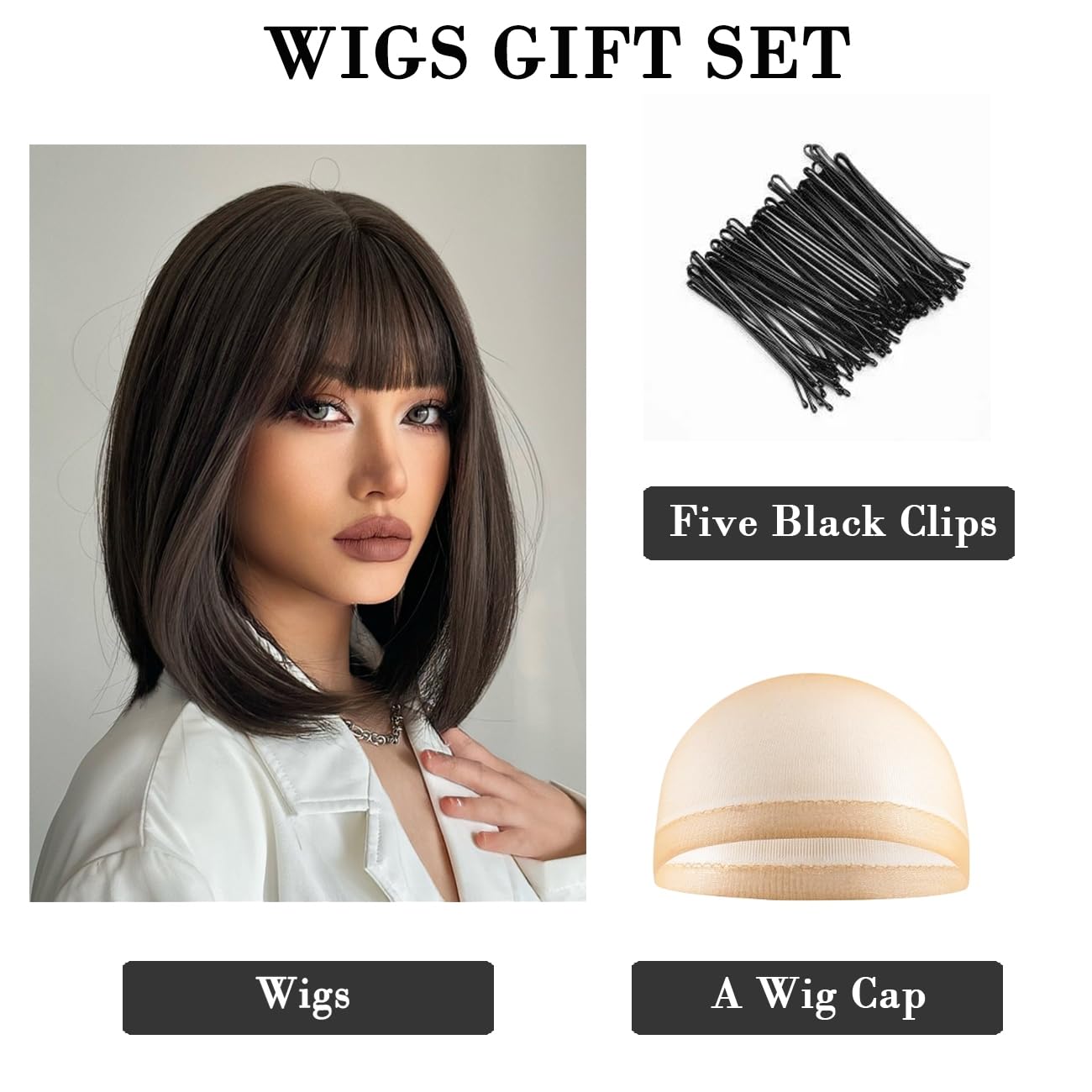 Bob Black Brown Wig with Bangs Natural Short Straight Wigs for Women Shoulder Length Synthetic Wigs for Daily Cosplay