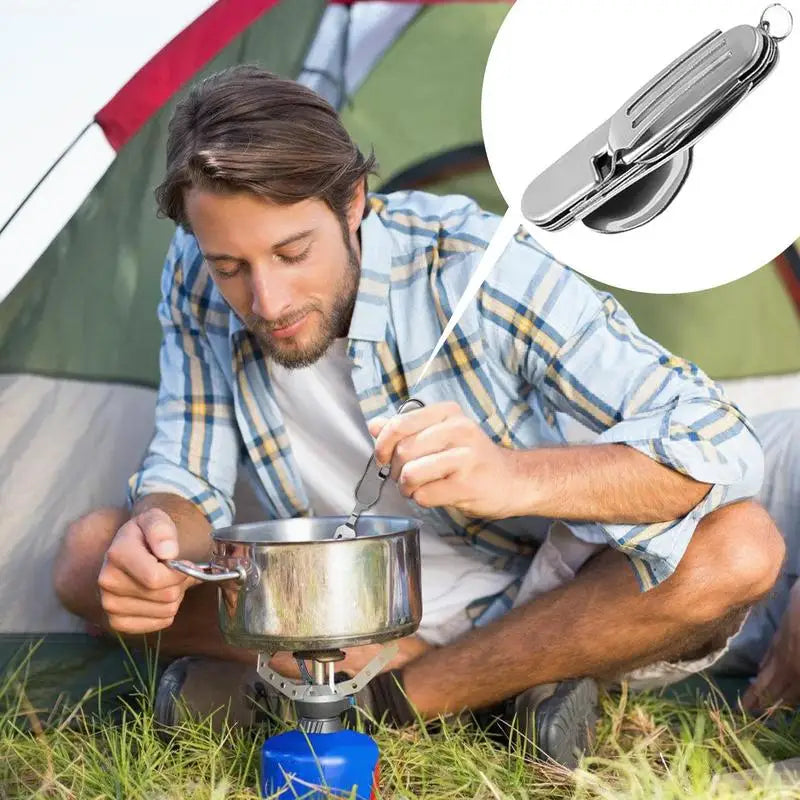 PC 4 in 1 Camping Cutlery Set Stainless Steel Foldable Spoon Fork Knife Bot