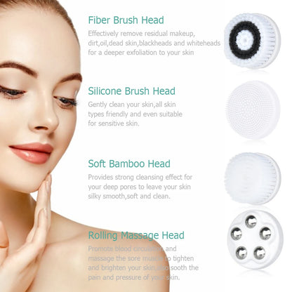 PC 4 in 1 Electric Facial Cleanser Massage Wash Auto Rotating Face Cleansing Machine Waterproof Removal Pore Blackhead Exfoliator