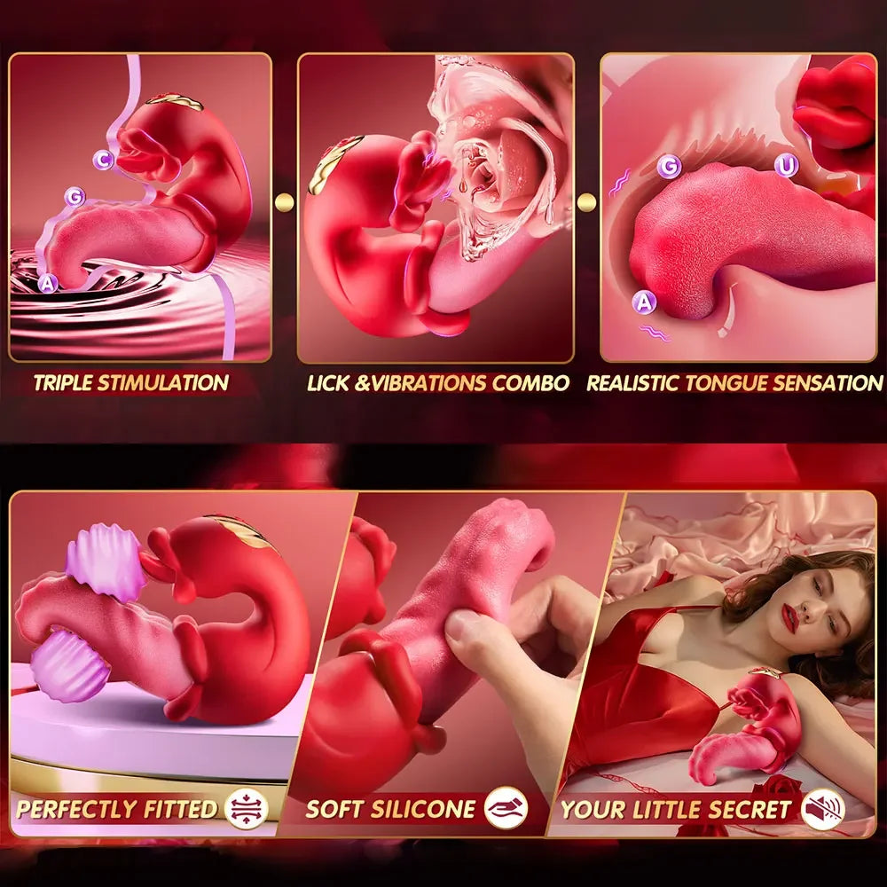 4 in 1 Tongue Vibrator  Vagina Clitoris Anus Couples Flirting Adult Sex Toy  Women Multi-Speed Licking & Suction Device