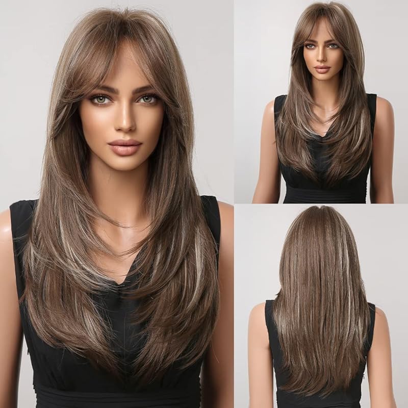 Brown Wigs for Women Highlight Wigs with Bangs Long Straight Layered Heat Resistant Synthetic Wigs