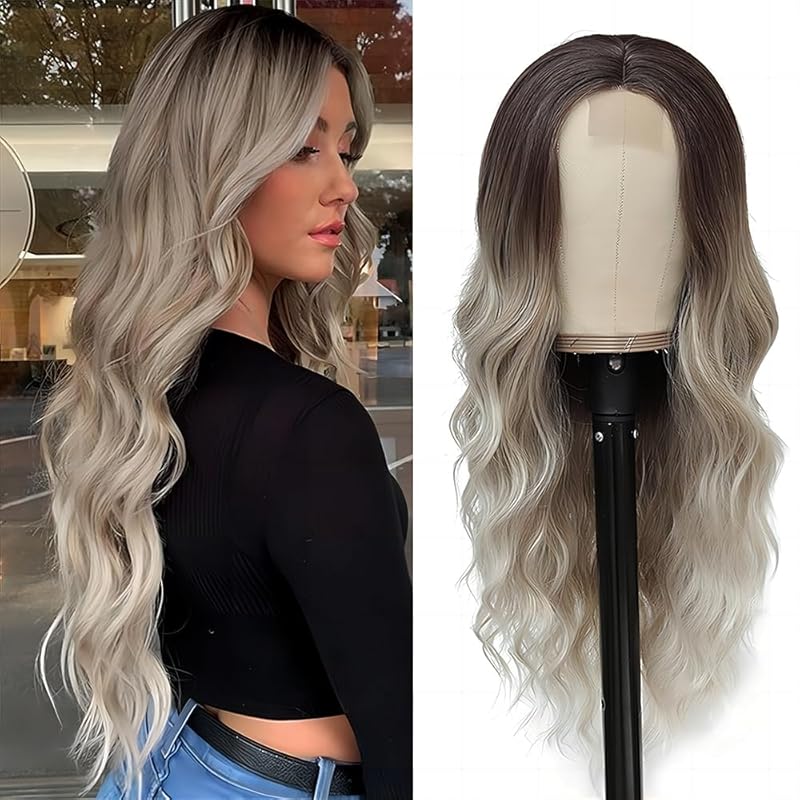 Blonde Wigs for Women 26Inch Long Ombre Blonde Hair Wig Natural Looking Synthetic Middle Part Wig(26 ''Ombre Blonde)