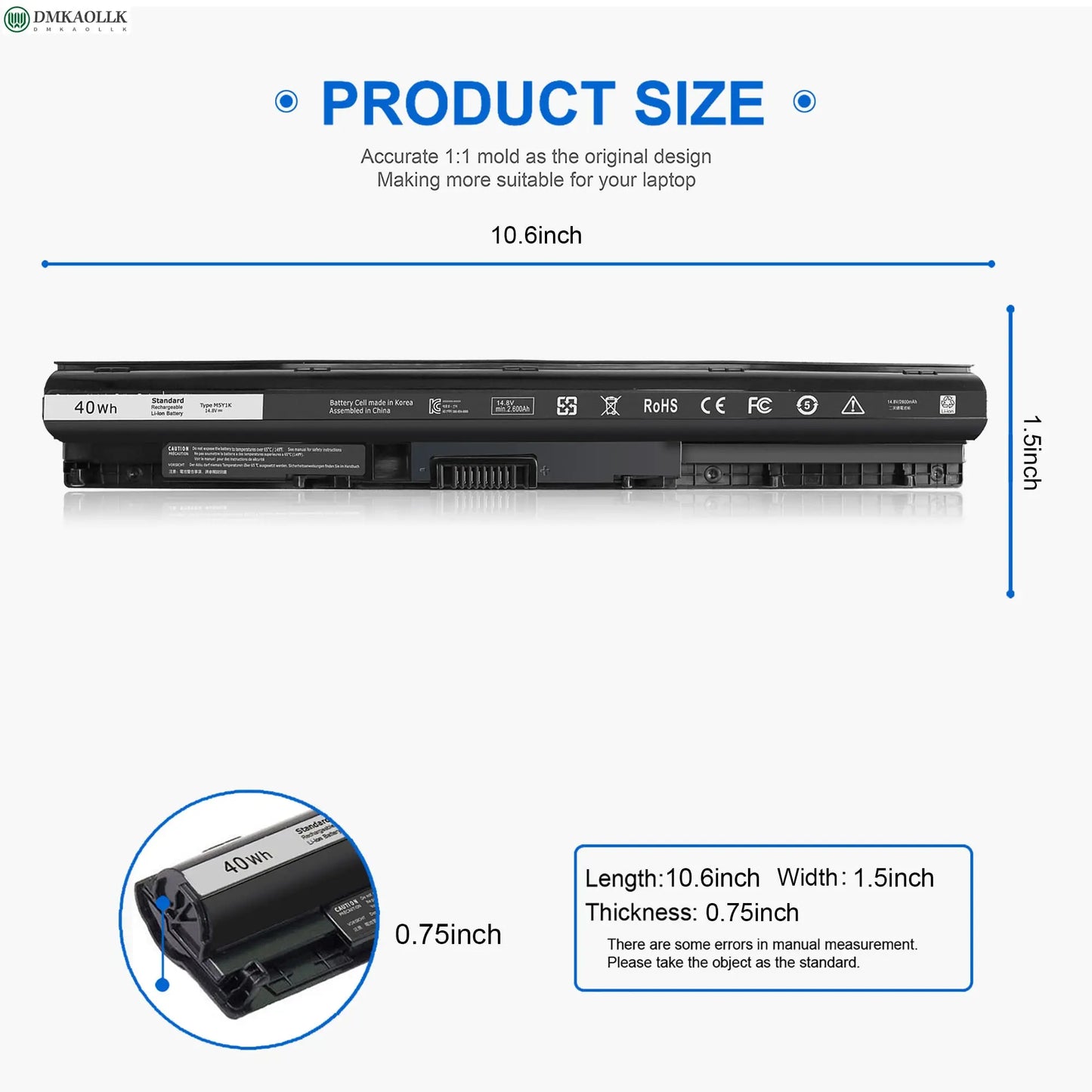 PC 40WH M5Y1K 14.8V Laptop Battery  All Dell Inspiron 14 15 17 5000 3000 Series 5559 5558 i3558 3567 5755 5756 5458 5759 5758