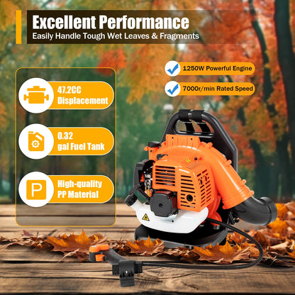 42.7CC 2-Stroke Gas Leaf Blower 1250W Commercial Backpack Grass Lawn Blower Garden Yard Snow Dust Blowing Cleaning Tools 7000Rpm