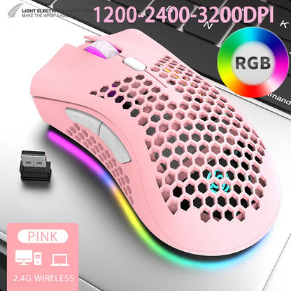 PCMice 2 4G Wireless Mouse RGB Light Honeycomb Gaming Rechargeable USB Desk