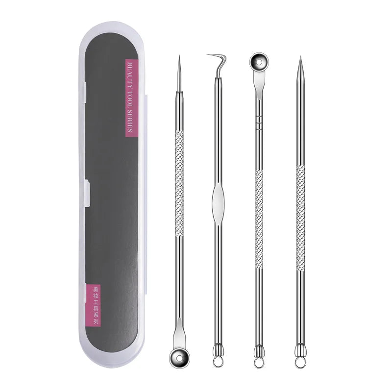 4Pcs Stainless Steel Blackhead Remover Tool Kit Face Massage Whitehead Pimple Spot Comedone Acne Extractor Face Massager