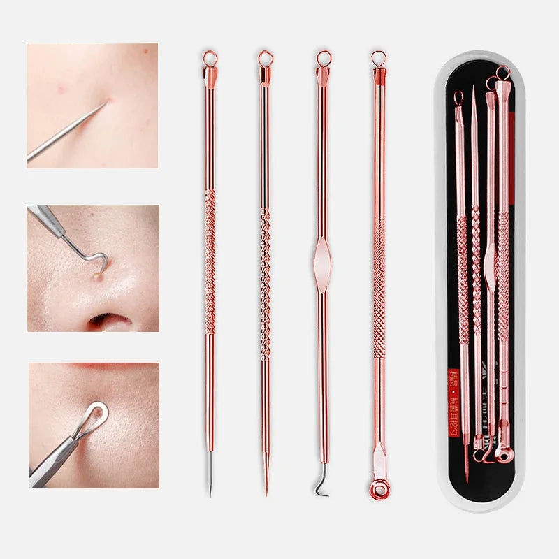 4Pcs Stainless Steel Blackhead Remover Tool Kit Face Massage Whitehead Pimple Spot Comedone Acne Extractor Face Massager