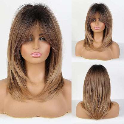 Brown Wigs for Women Highlight Wigs with Bangs Long Straight Layered Heat Resistant Synthetic Wigs