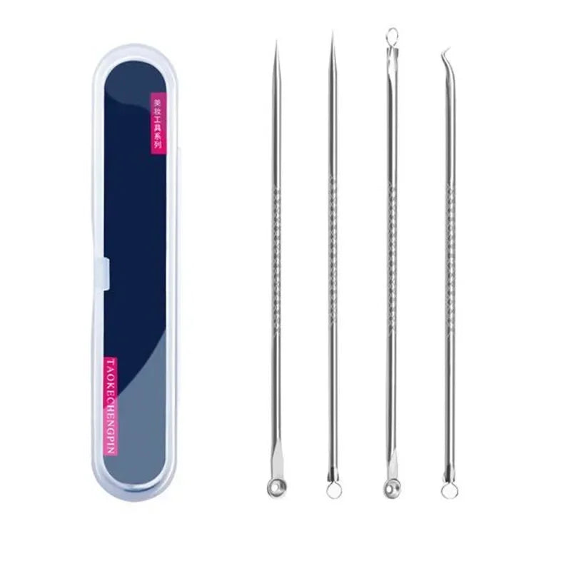 4pcs/Set Stainless Steel Blackhead Removal Kit Acne Blemish Pimple Extractor Remover Needles Cosmetic Face Cleaning Tool