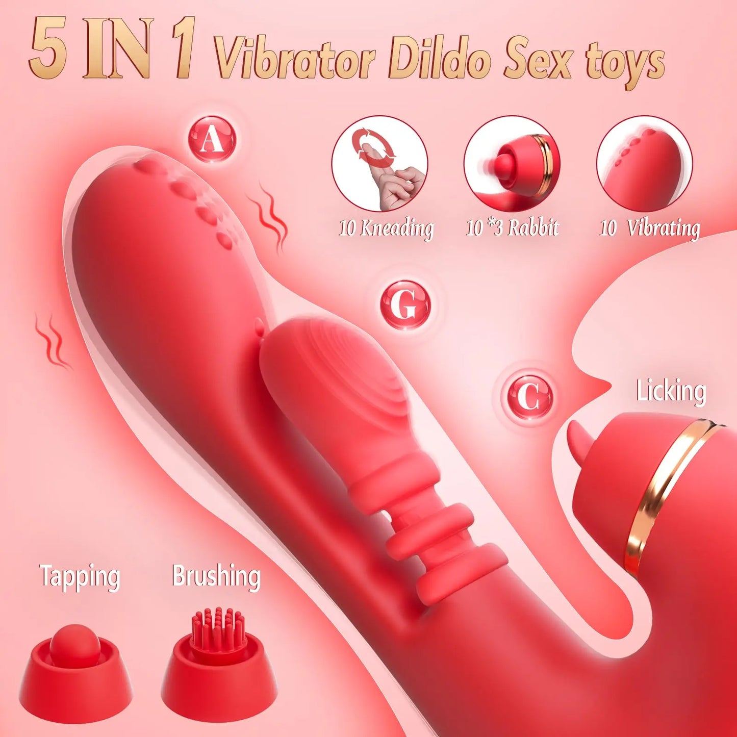 5 IN 1 Tapping Thrusting Dildo Vibrator  Women G Spot Vibrator Kneading Clit Stimulator Female Masturbator Adult Sex Toys ﻿