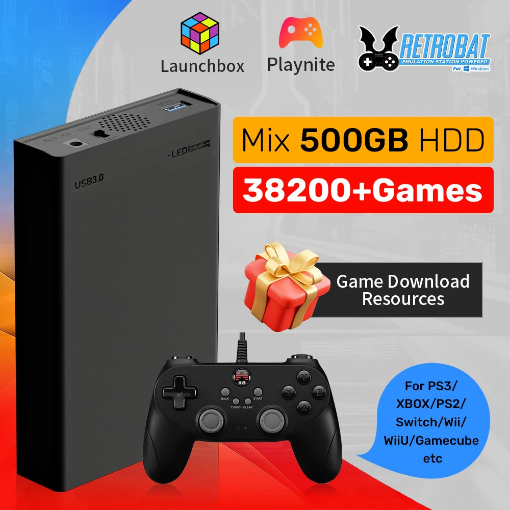 500GB Gaming HDD Retrobat & Launchbox & Playnite OS Retro Video Game Console  PS3/Switch/XBOX/PS2/Wii/WiiU with 38200+ Games