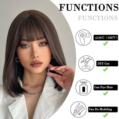 Bob Black Brown Wig with Bangs Natural Short Straight Wigs for Women Shoulder Length Synthetic Wigs for Daily Cosplay