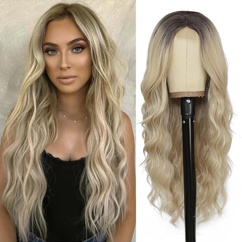 Blonde Wigs for Women 26Inch Long Ombre Blonde Hair Wig Natural Looking Synthetic Middle Part Wig(26 ''Ombre Blonde)