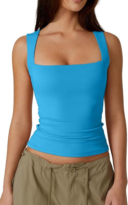 Women's Square Neck Sleeveless Double-Layer Tank Tops Basic Tight T Shirts