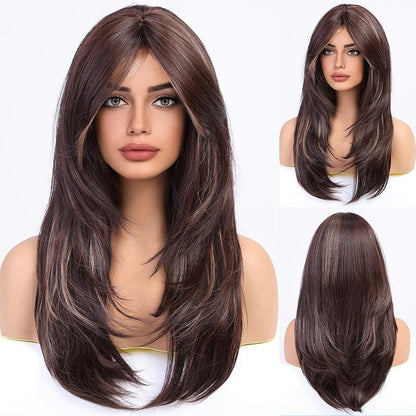 Brown Wigs for Women Highlight Wigs with Bangs Long Straight Layered Heat Resistant Synthetic Wigs