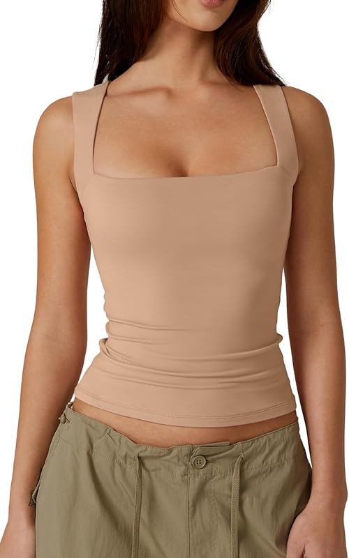 Women's Square Neck Sleeveless Double-Layer Tank Tops Basic Tight T Shirts