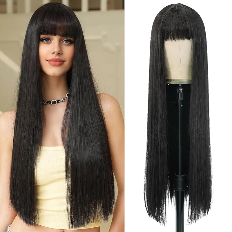 7JHH WIGS Hair Dye Wig for Women Synthetic Hair Natural Long Straight Wig With Bangs (22inch, Black tea)