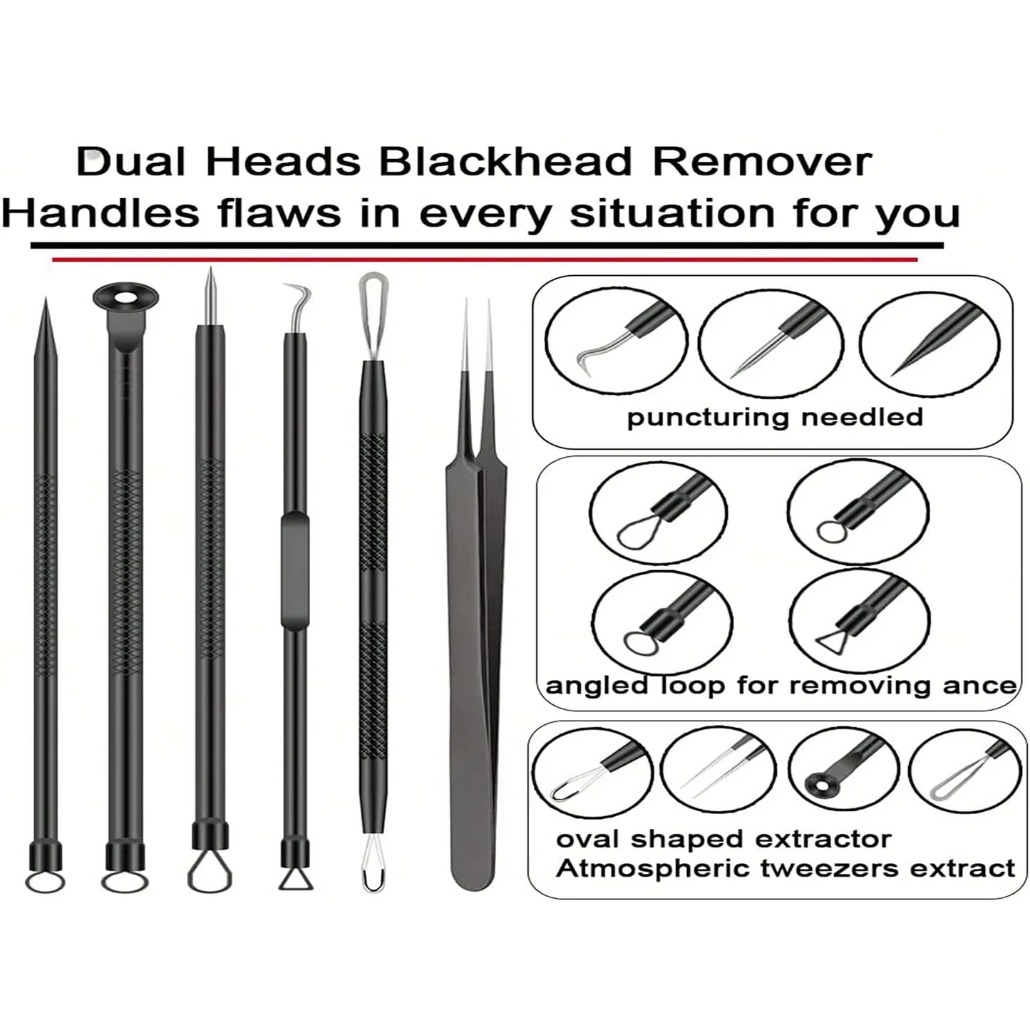 6 Pieces Blackhead Remover Clip Acne Needle Tool Set Nose Blackhead Remover Facial Skin Blemish Extractor Tool Black Set