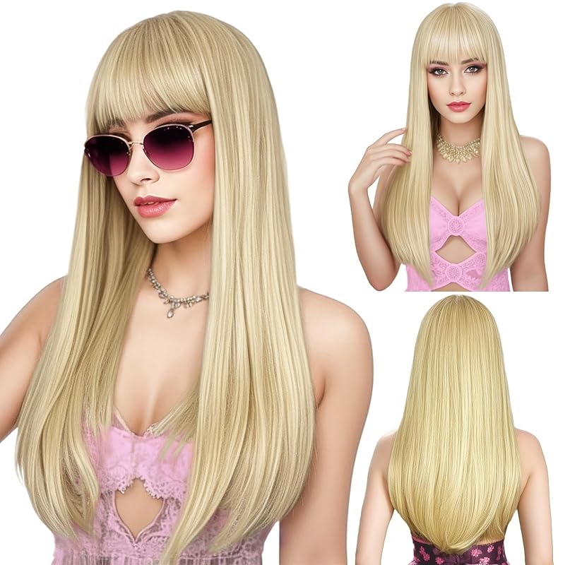 Blonde Wig with Bangs, Long Straight Wigs for Women Natural Hair Wigs Synthetic Blonde Wigs for Girls Daily Party Halloween Cosplay Wig 22 Inch