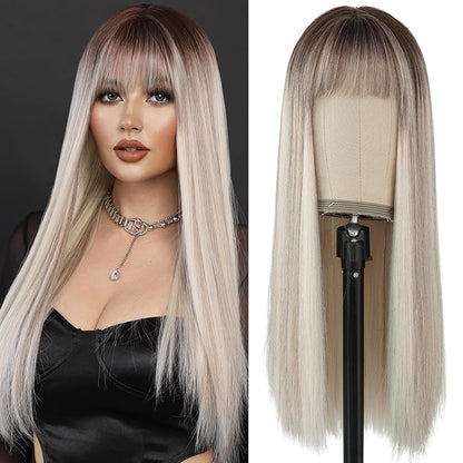 7JHH WIGS Hair Dye Wig for Women Synthetic Hair Natural Long Straight Wig With Bangs (22inch, Black tea)