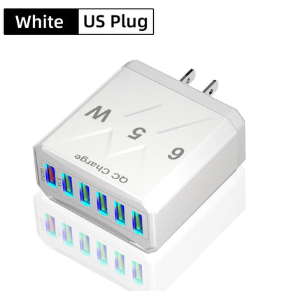 PC 65W 6 Ports USB Charger Fast Charging QC3.0 Travel Charger For iPhone 14 Samsung Xiaomi Mobile Phone Adapter EU KR US UK Plug