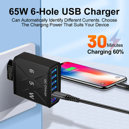 PC 65W 6 Ports USB Charger Fast Charging QC3.0 Travel Charger For iPhone 14 Samsung Xiaomi Mobile Phone Adapter EU KR US UK Plug