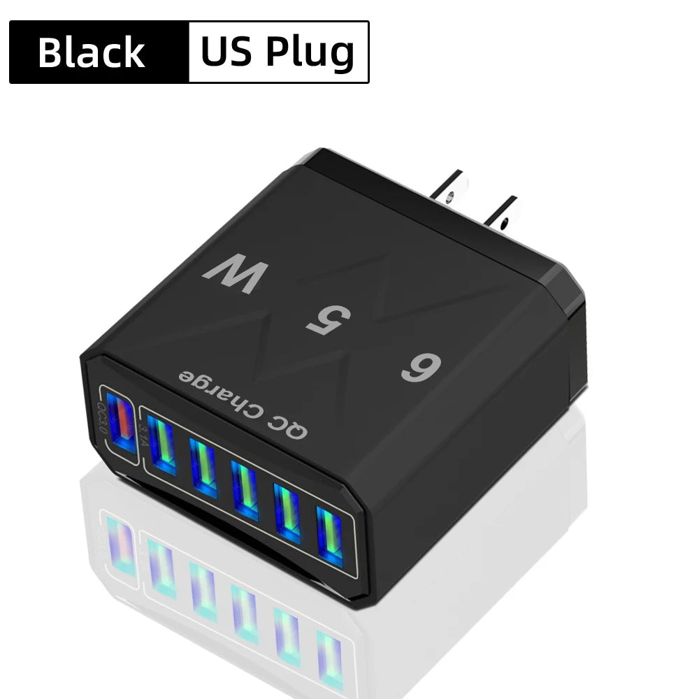 PC 65W 6 Ports USB Charger Fast Charging QC3.0 Travel Charger For iPhone 14 Samsung Xiaomi Mobile Phone Adapter EU KR US UK Plug