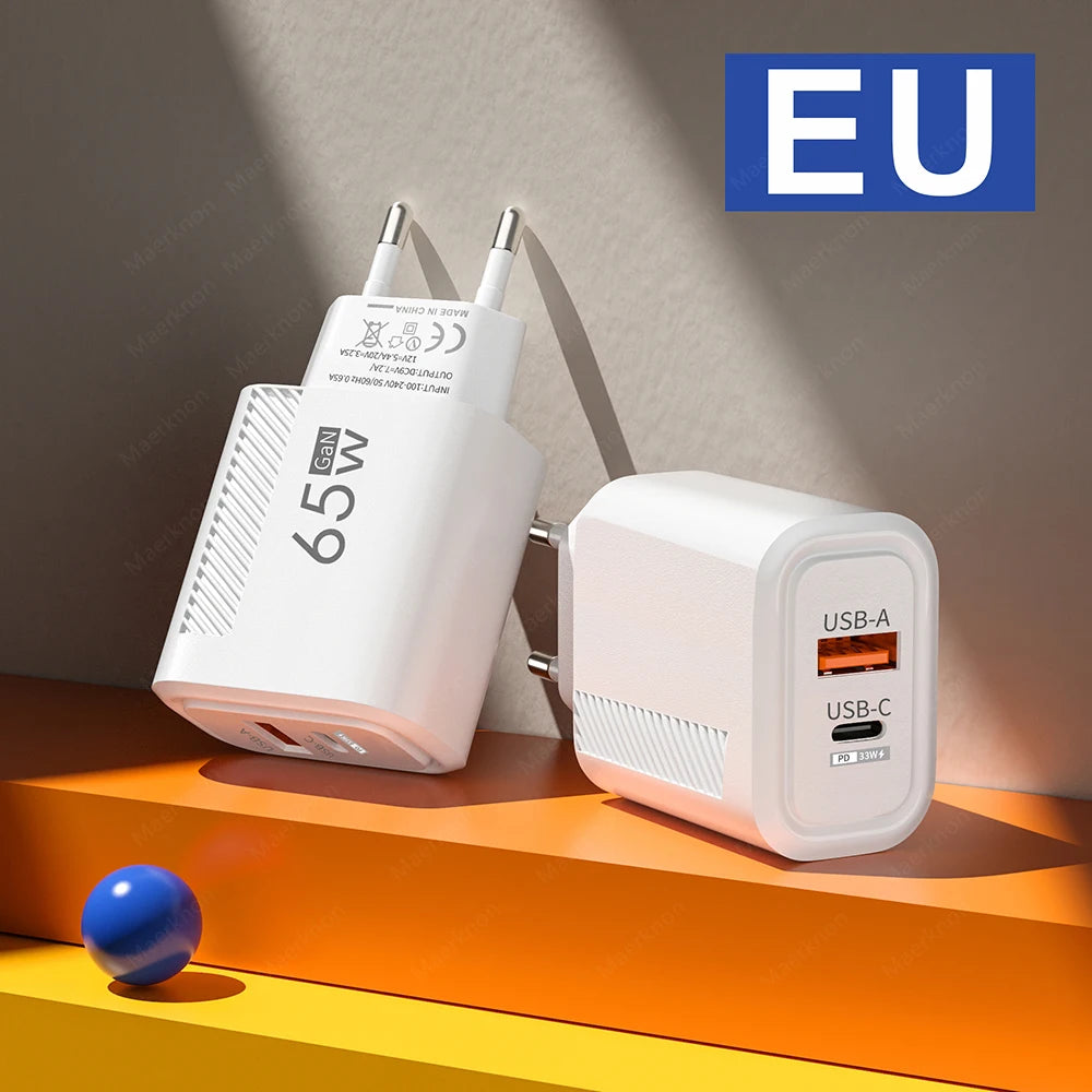 PC 65W GaN USB Fast Charger Quick Charge EU/US Plug Phone Charger For iPhone Xiaomi Samsung Huawei PD Type C Wall Charger Adapter