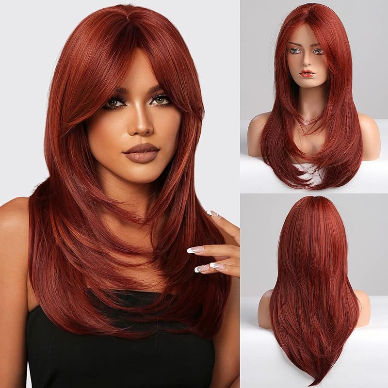 Brown Wigs for Women Highlight Wigs with Bangs Long Straight Layered Heat Resistant Synthetic Wigs