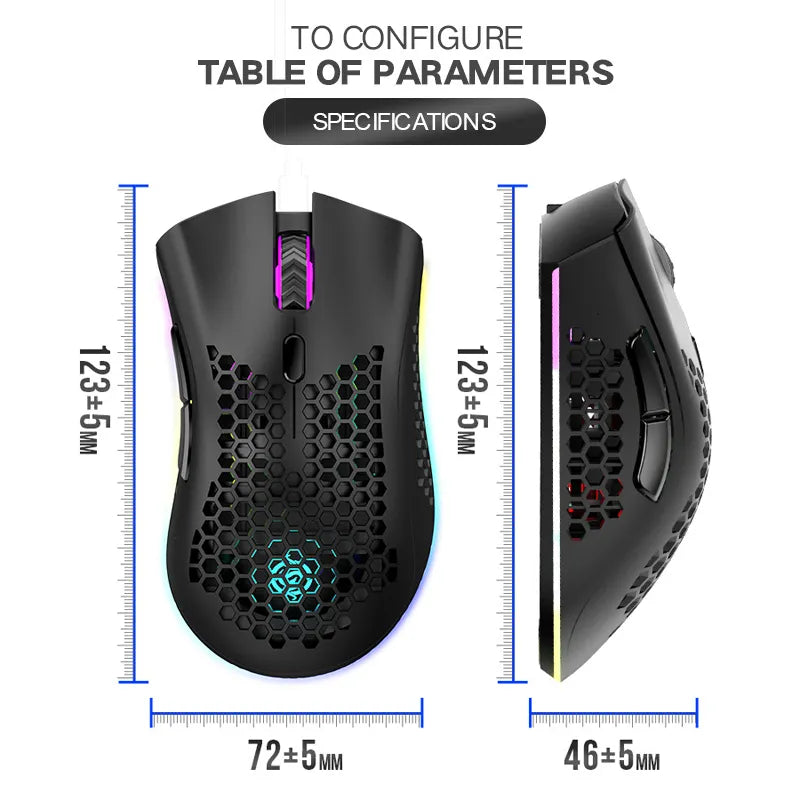 PCMice 2 4G Wireless Mouse RGB Light Honeycomb Gaming Rechargeable USB Desk