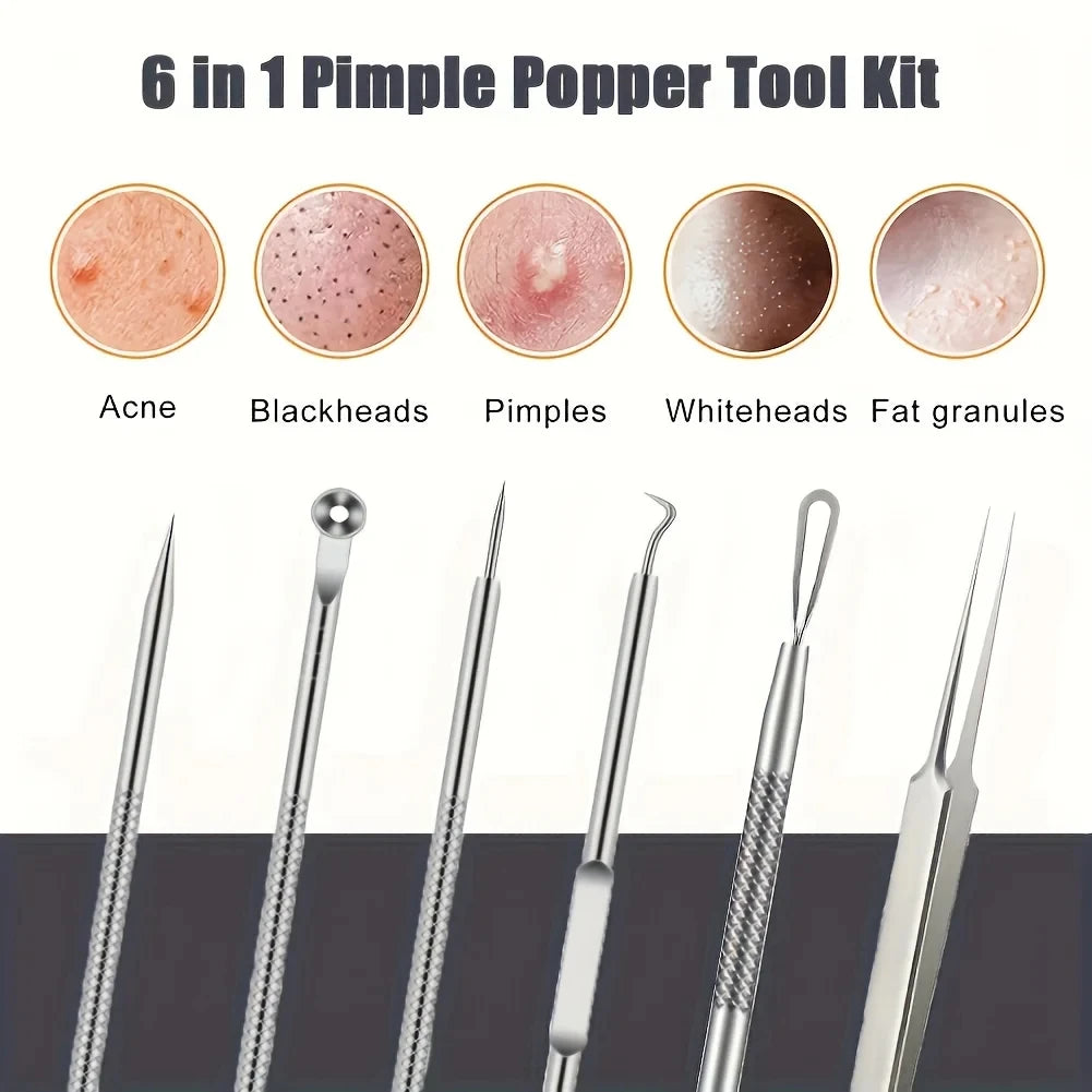 6Pcs Pimple Popper Tool Kit,  Blackhead Remover Acne Needle Tools Set Removing Care Comedone Whitehead Popping Zit