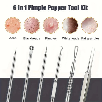 6Pcs Pimple Popper Tool Kit,  Blackhead Remover Acne Needle Tools Set Removing Care Comedone Whitehead Popping Zit