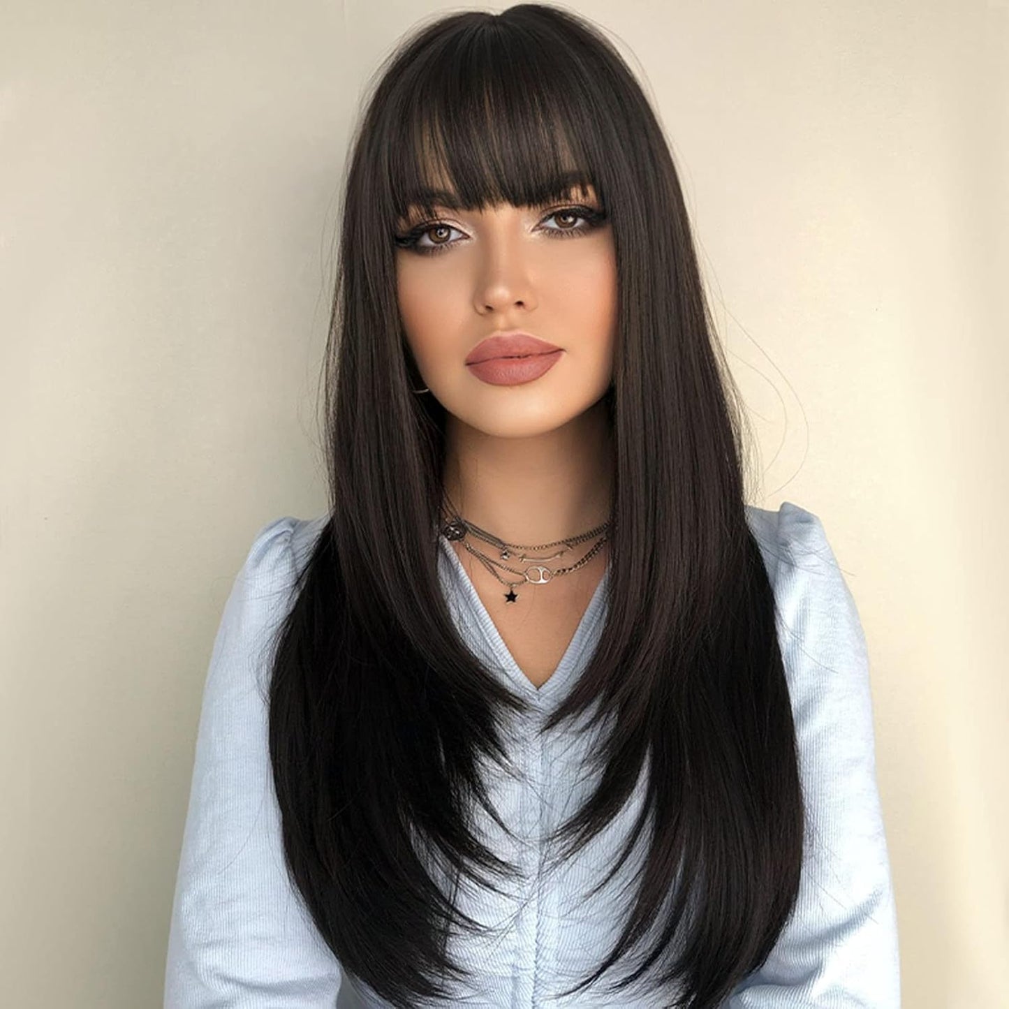 7JHH WIGS Hair Dye Wig for Women Synthetic Hair Natural Long Straight Wig With Bangs (22inch, Black tea)