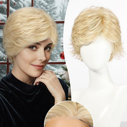 Blonde Shoulder Length Straight Wig for Women,Fiber  Remy Human Hair Blend Natural Daily Use 18IN