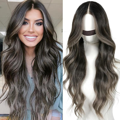 Pre Cut Lace Glueless Wig Wear and Go Synthetic Lace Front Body Wave Ombre Brown Wig with Bangs Pre Plucked Glueless Ready to Wear Wigs for Women Middle Part 26 Inch