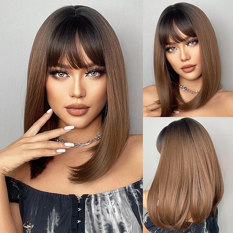 Bob Black Brown Wig with Bangs Natural Short Straight Wigs for Women Shoulder Length Synthetic Wigs for Daily Cosplay