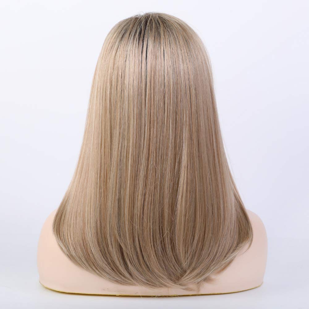 Blonde Shoulder Length Straight Wig for Women,Fiber  Remy Human Hair Blend Natural Daily Use 18IN