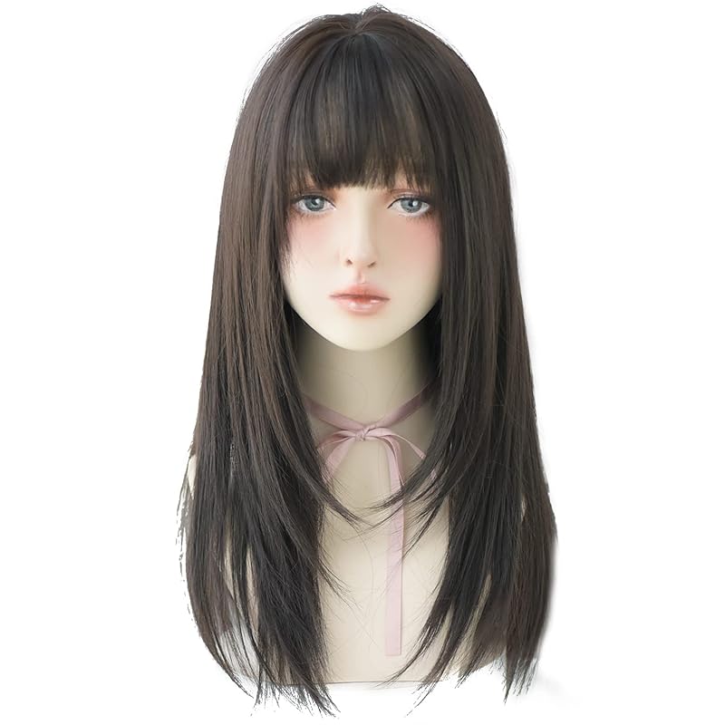 7JHH WIGS Hair Dye Wig for Women Synthetic Hair Natural Long Straight Wig With Bangs (22inch, Black tea)