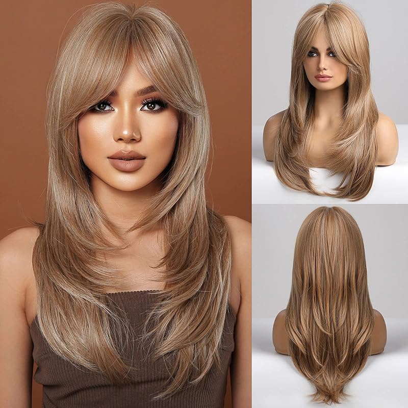 Brown Wigs for Women Highlight Wigs with Bangs Long Straight Layered Heat Resistant Synthetic Wigs