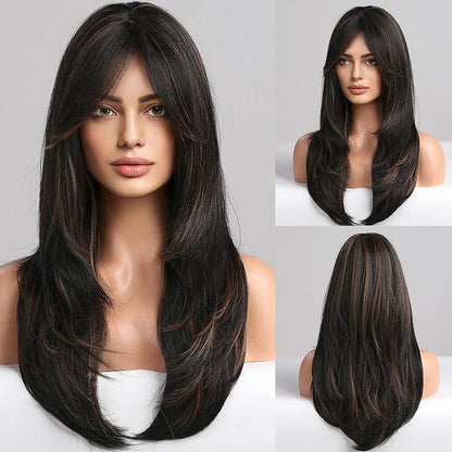 Brown Wigs for Women Highlight Wigs with Bangs Long Straight Layered Heat Resistant Synthetic Wigs