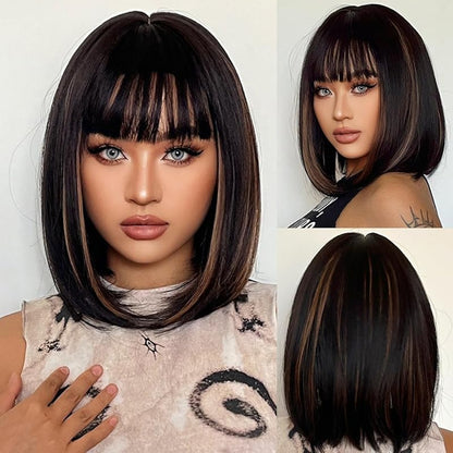 Bob Black Brown Wig with Bangs Natural Short Straight Wigs for Women Shoulder Length Synthetic Wigs for Daily Cosplay