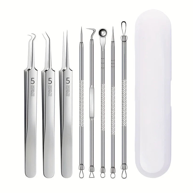 8 Pieces Stainless Steel Blackhead Removal Tool Set, Blackhead Clip, Tweezers, Beauty Facial Blackhead Remover, Acne Needle Tool