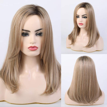 Blonde Shoulder Length Straight Wig for Women,Fiber  Remy Human Hair Blend Natural Daily Use 18IN