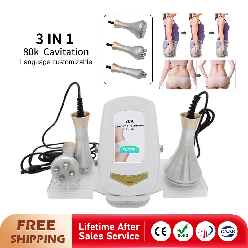 80K Cavitation Ultrasonic 3IN1 Body Slimming Beauty Machine Weight Loss Skin Lifting Tighten Anti-wrinkle Massager Skin Care