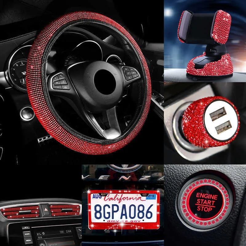 New New 27Pcs Bling Car Accessories Set for Women Steering Wheel Cover Lice