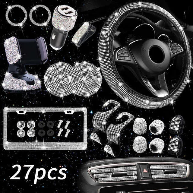 New New 27Pcs Bling Car Accessories Set for Women Steering Wheel Cover Lice