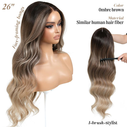 Pre Cut Lace Glueless Wig Wear and Go Synthetic Lace Front Body Wave Ombre Brown Wig with Bangs Pre Plucked Glueless Ready to Wear Wigs for Women Middle Part 26 Inch