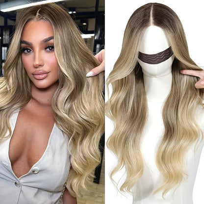 Pre Cut Lace Glueless Wig Wear and Go Synthetic Lace Front Body Wave Ombre Brown Wig with Bangs Pre Plucked Glueless Ready to Wear Wigs for Women Middle Part 26 Inch