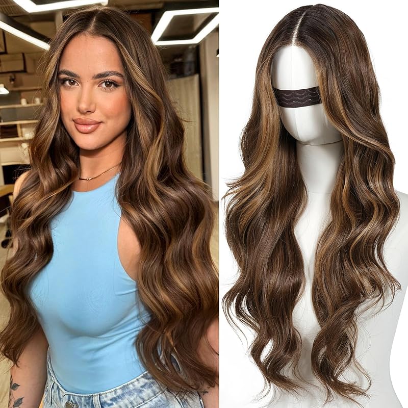 Pre Cut Lace Glueless Wig Wear and Go Synthetic Lace Front Body Wave Ombre Brown Wig with Bangs Pre Plucked Glueless Ready to Wear Wigs for Women Middle Part 26 Inch