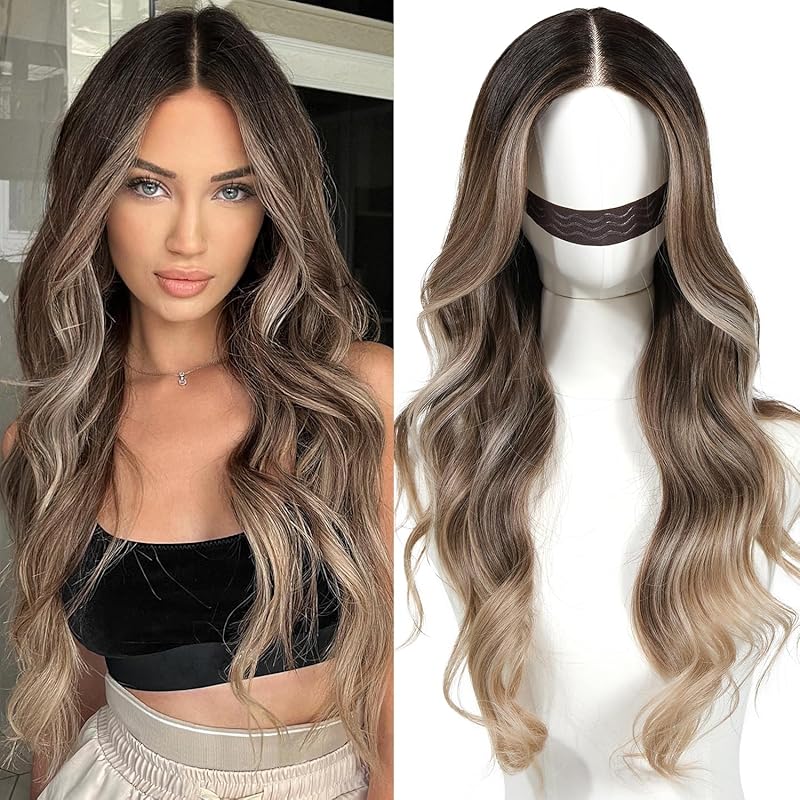 Pre Cut Lace Glueless Wig Wear and Go Synthetic Lace Front Body Wave Ombre Brown Wig with Bangs Pre Plucked Glueless Ready to Wear Wigs for Women Middle Part 26 Inch